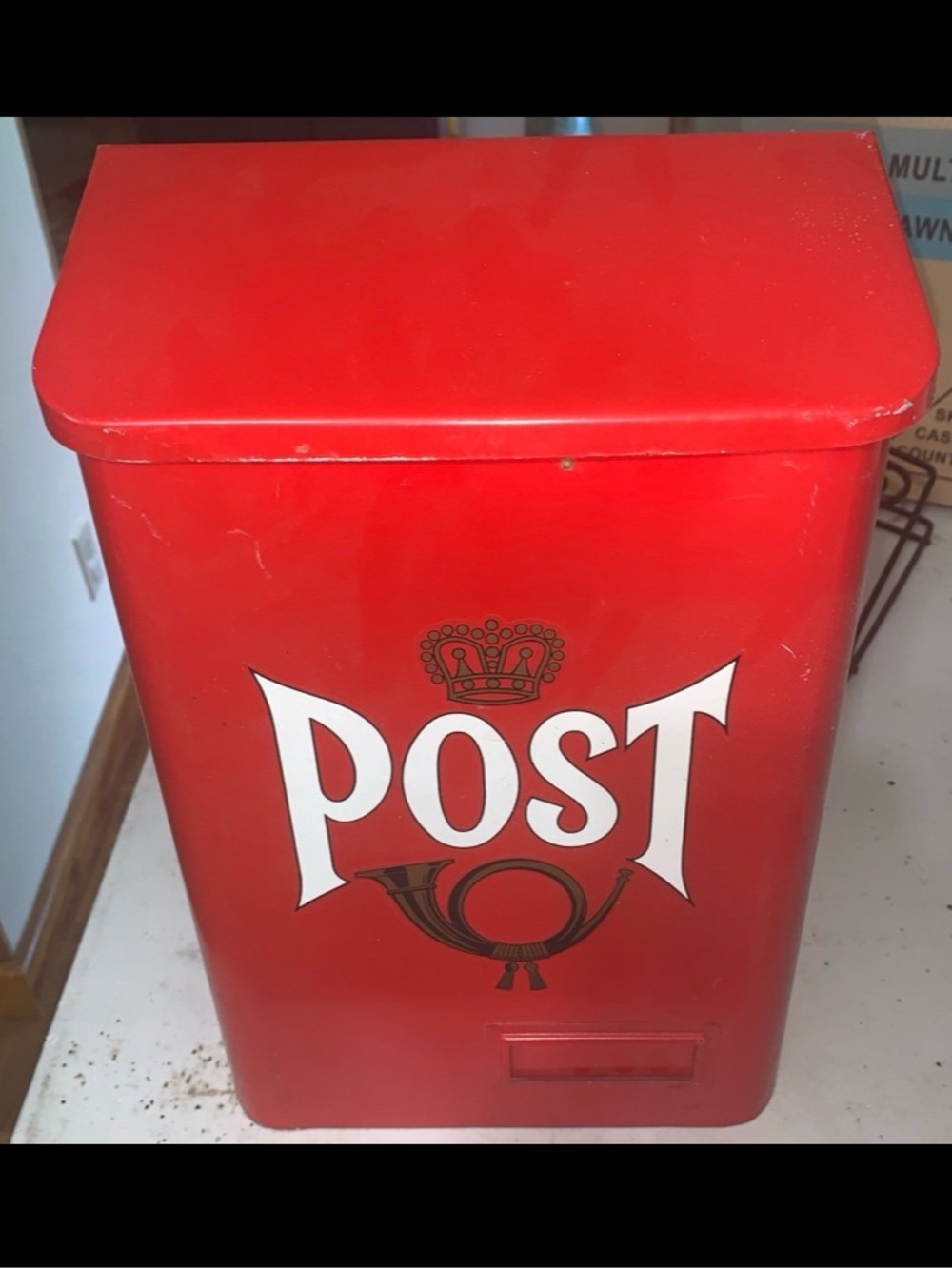 SOLD -Red Swedish Danish English Wall Mount Metal Post Mailbox with Decal